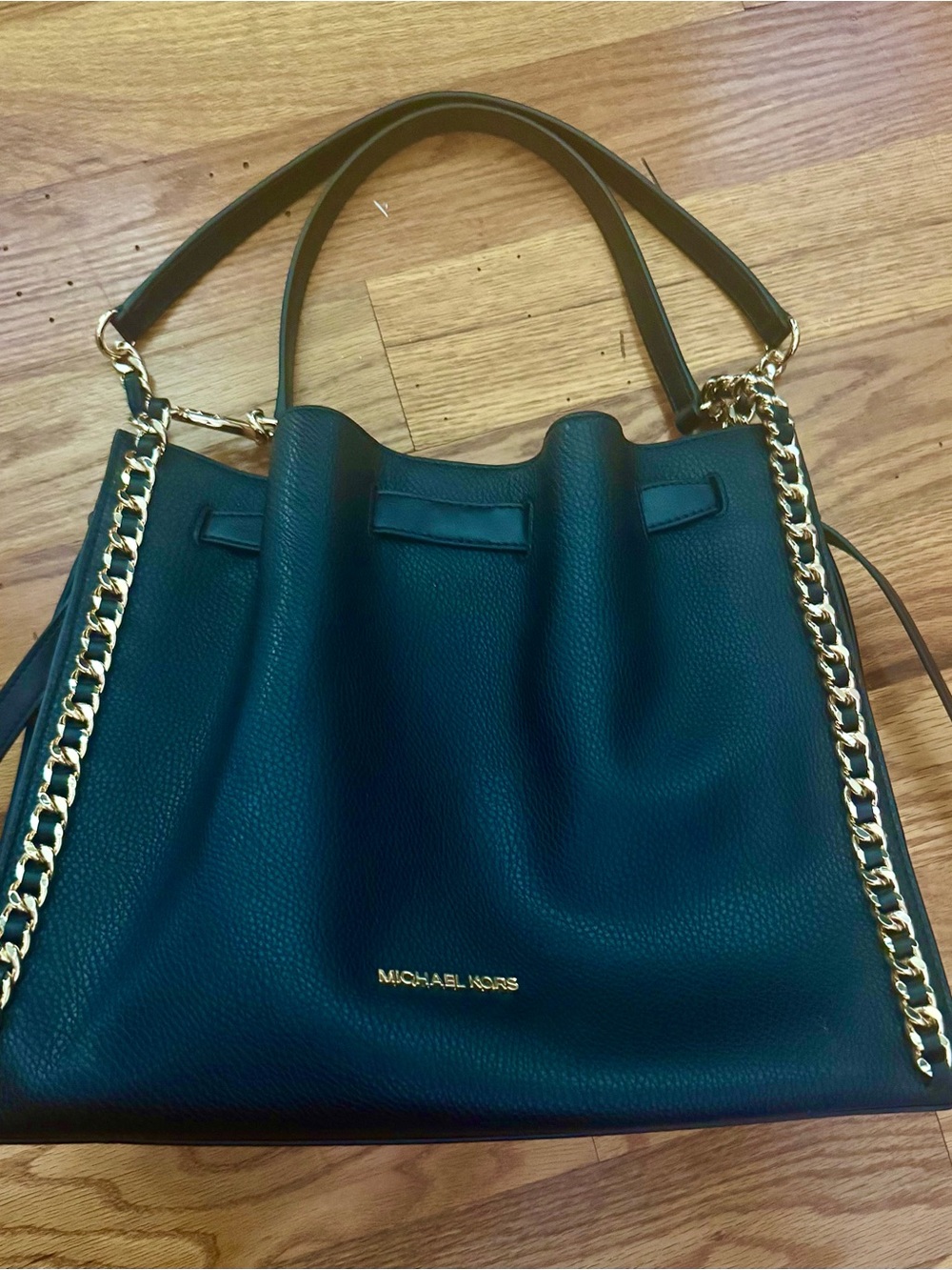 Michael Kors Black Leather Shoulder Bag with Gold Chain Trim